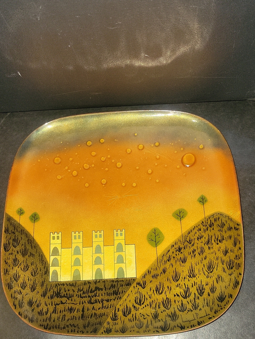 Hand-Painted Enamel On Copper Wall Plate in Yellow and Orange with Castle Motif